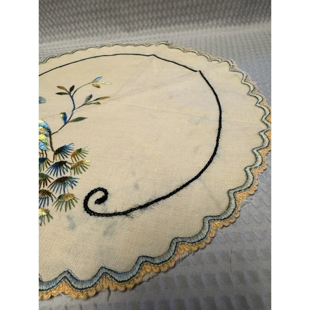 Vintage 12 in Linen Doily Blue Green Embroidered Peacock Handmade 1930-1950